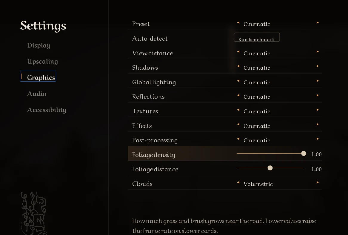 A game settings menu: Display, Upscaling, Graphics, Audio and Accessibility tabs, with quality pickers and foliage sliders