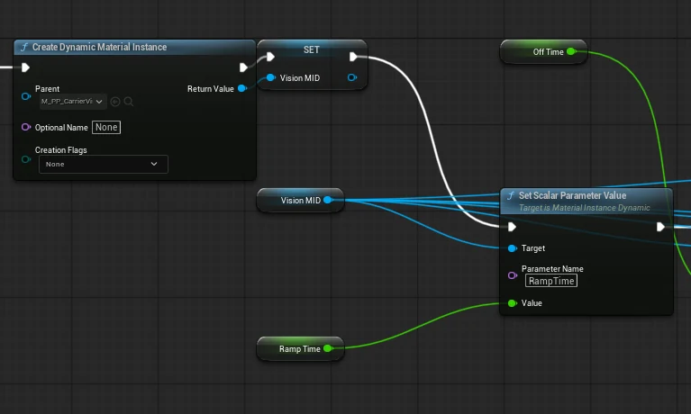 A Blueprint creating a dynamic instance of a master material, then setting its scalar parameters